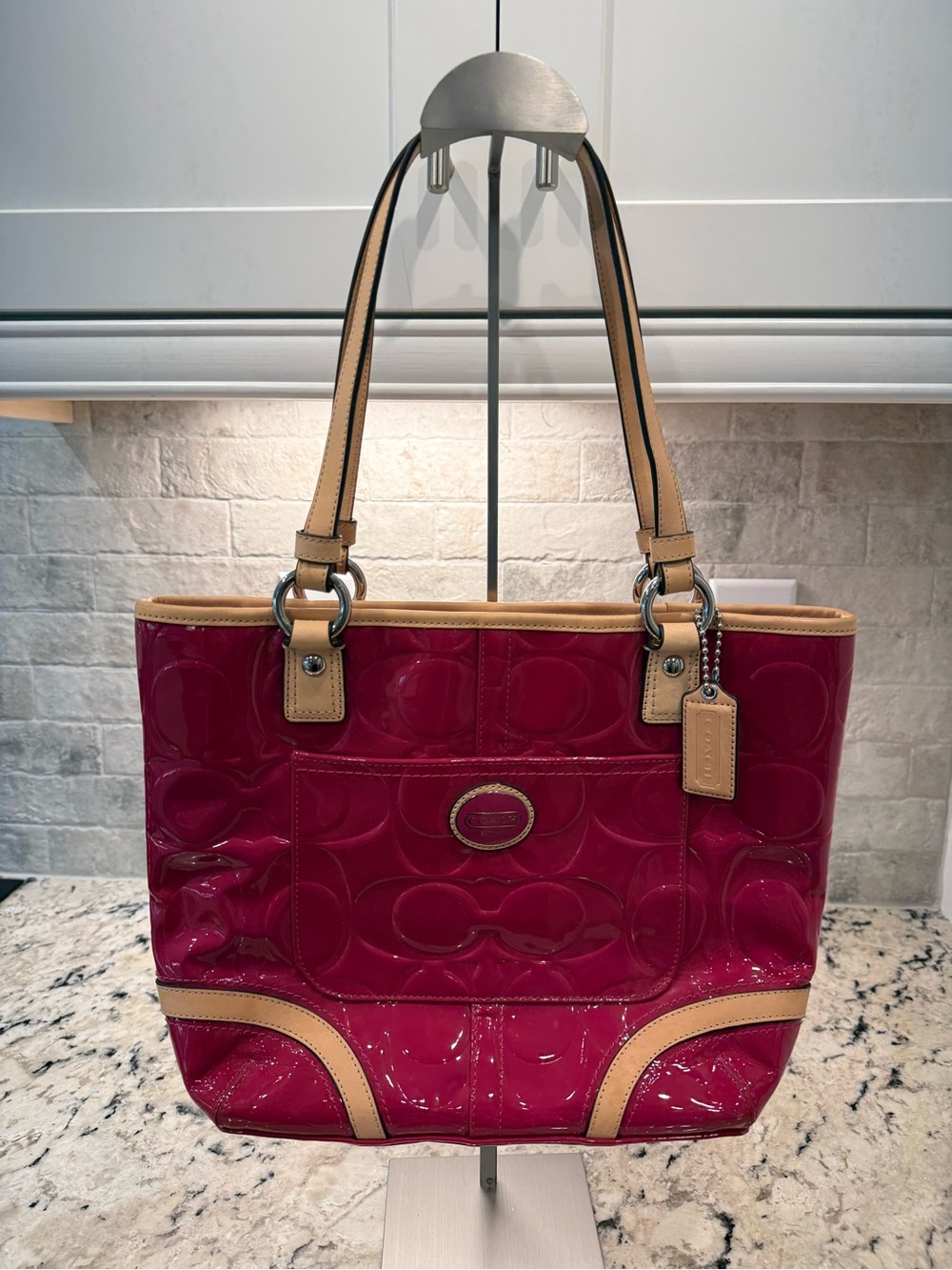 Coach EUC Raspberry Patent Leather Tote with Tan Leather Trim